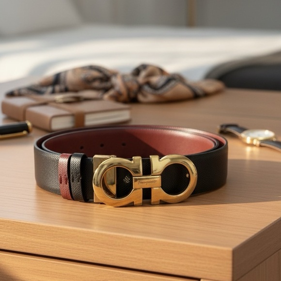 Salvatore Ferragamo Accessories - Salvatore Ferragamo Black and Red Belt with Gold Buckle